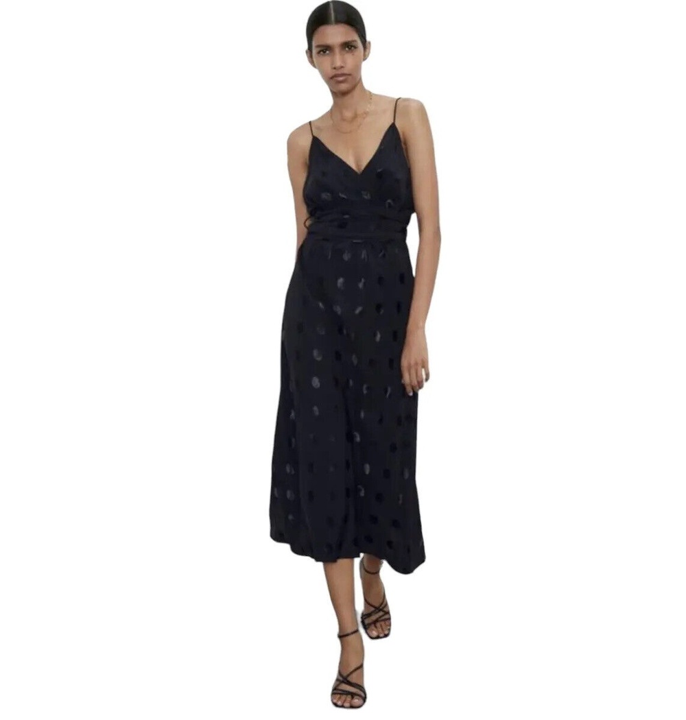 ZARA Jacquard Polka-dot Print Midi Dress Black XS